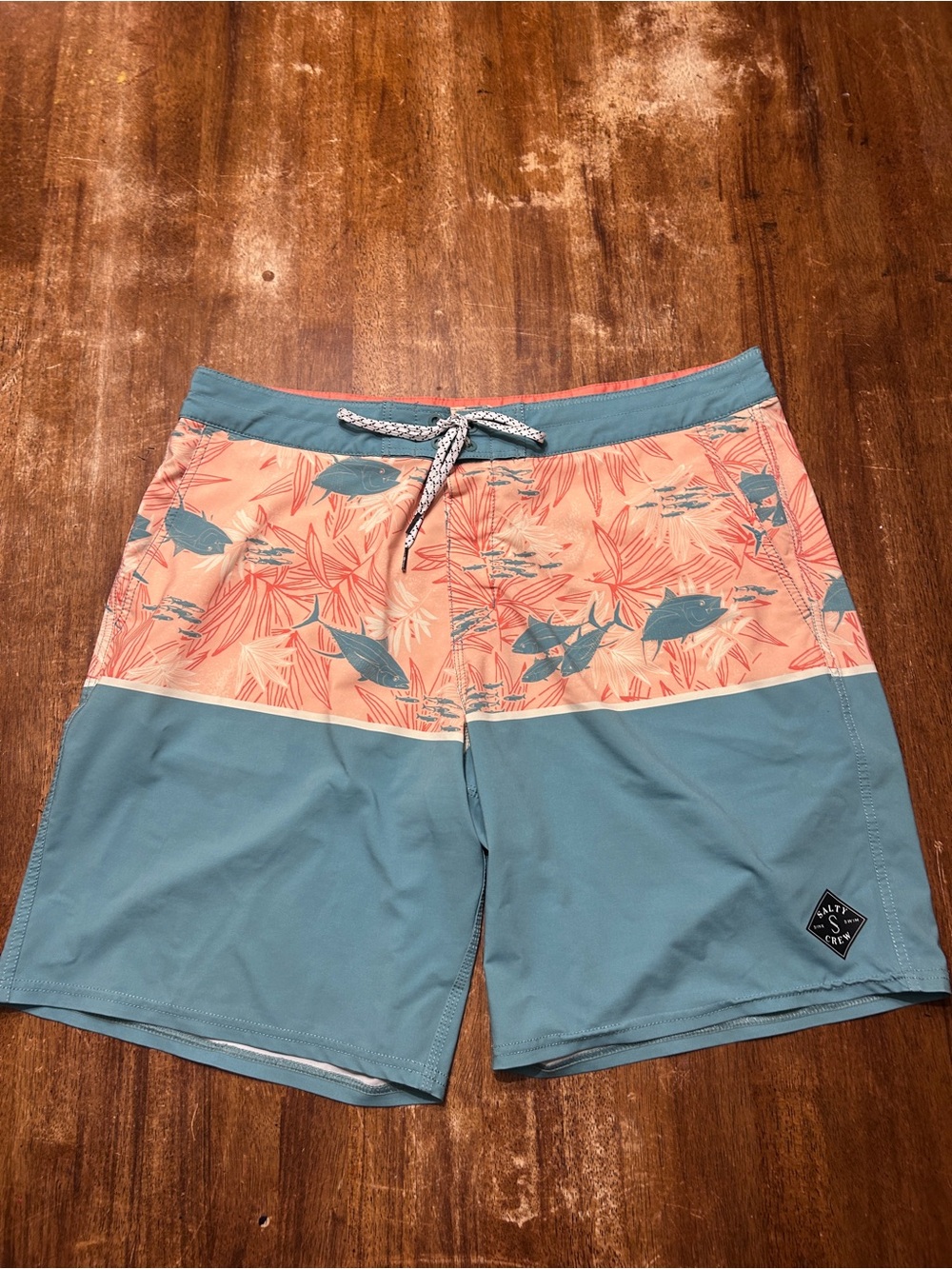 Men's Salty Crew Two-Tone Coral Floral & Teal Swim Trunks Beachy Coastal Preppy